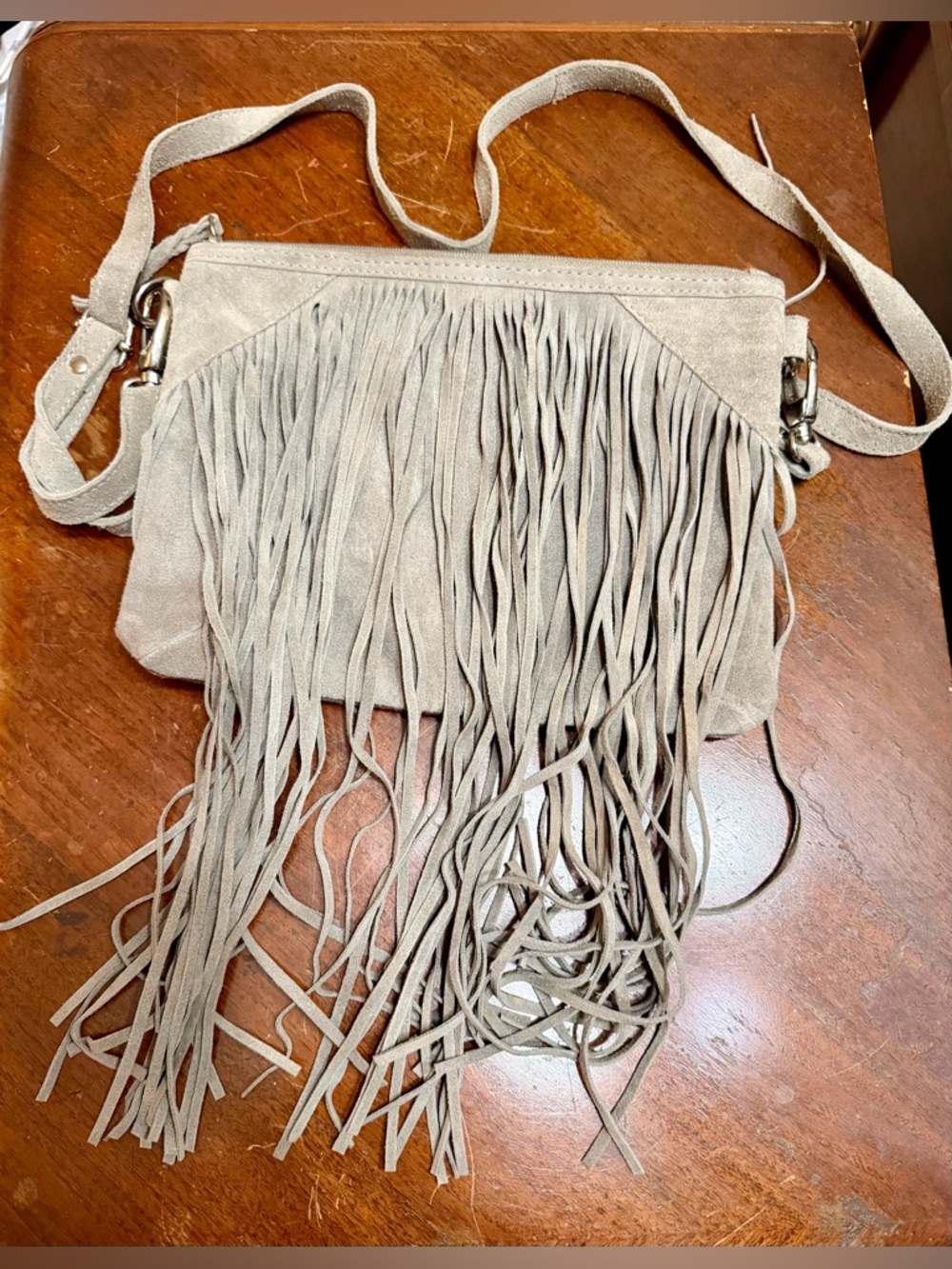 Suede Fringe Crossbody Bag – Neutral Taupe / Beige